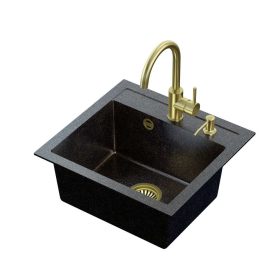   ART JOHNNY fekete arany opálos gránit mosogató Copper Black Pearl szifonnal, Naomi arany színű csap,arany színű adagoló