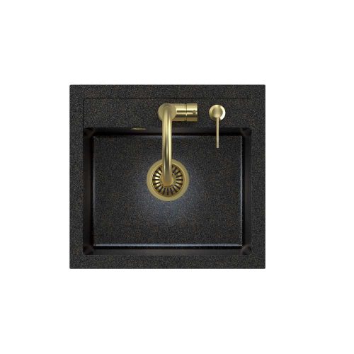 ART JOHNNY fekete arany opálos gránit mosogató Copper Black Pearl szifonnal, Naomi arany színű csap,arany színű adagoló
